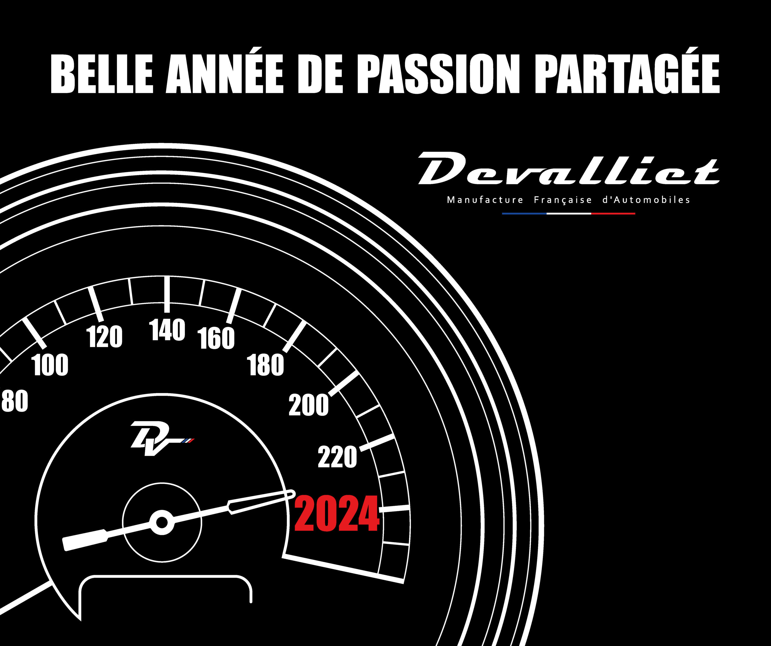 Voeux 2024 avec le compteur de km/h arrivant sur 2024. Bonne année aux passionnés d'automobile.